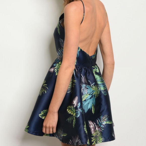 NAVY WITH TROPICAL PRINT PALM DRESS - Picture 2 of 8